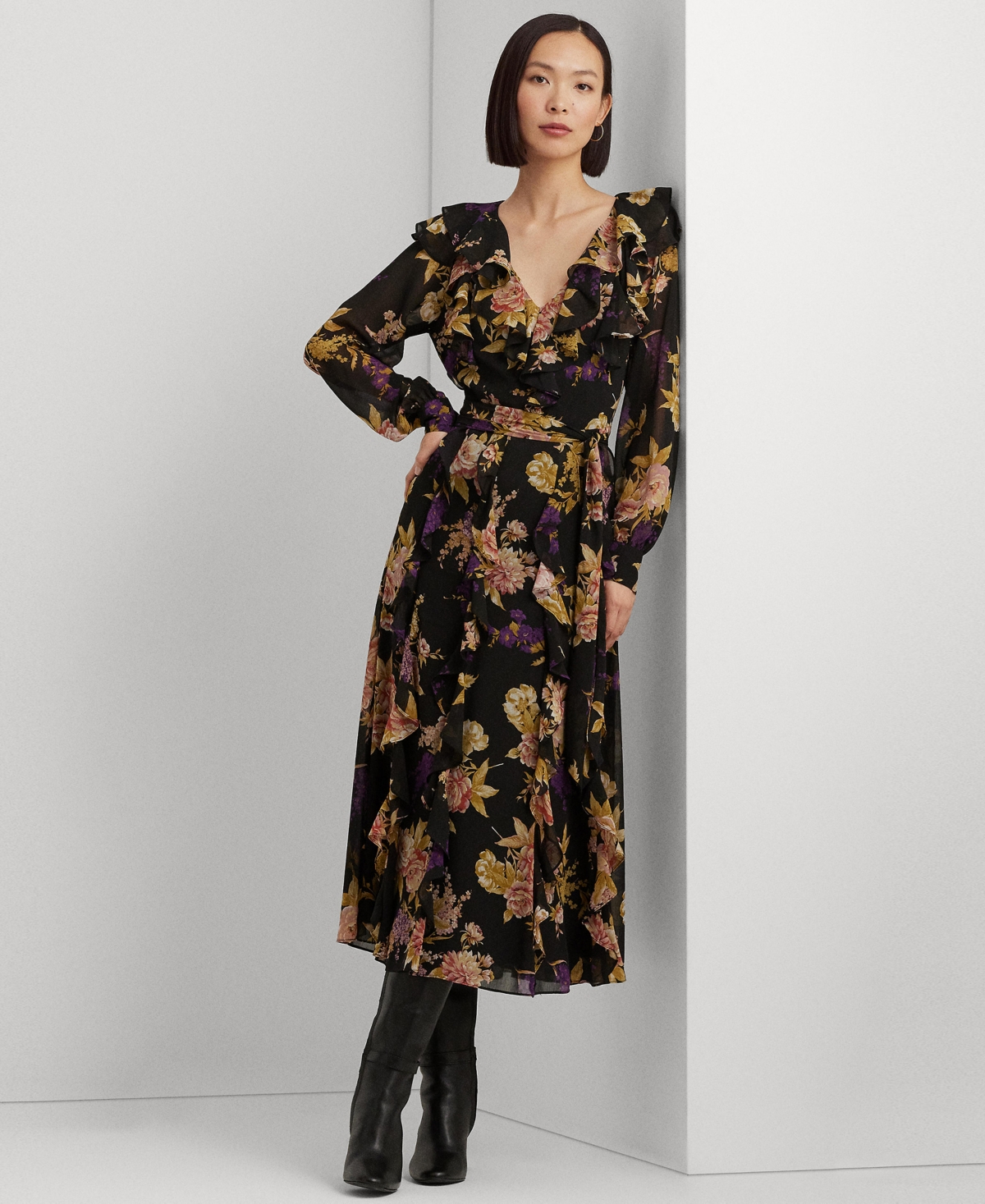Lauren Ralph Lauren Floral Ruffle-trim Georgette Dress In Black/tan/multi