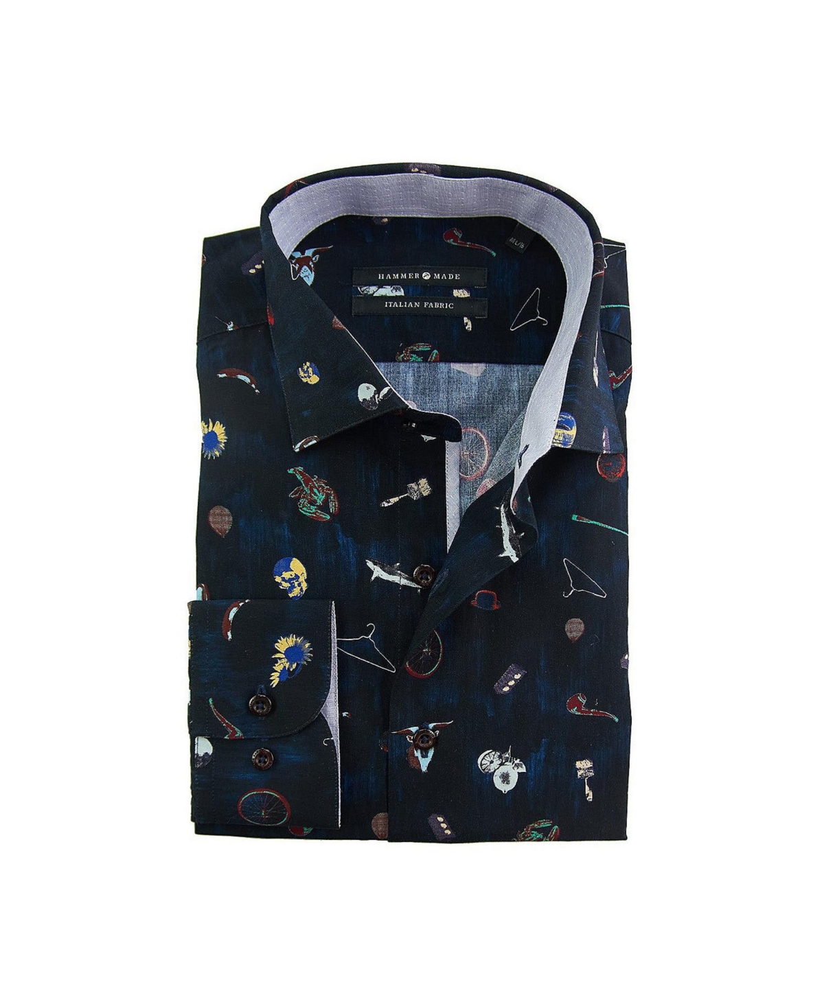 - Men's Cotton Multicolor Print Dress Shirt with Spread Collar - Navy