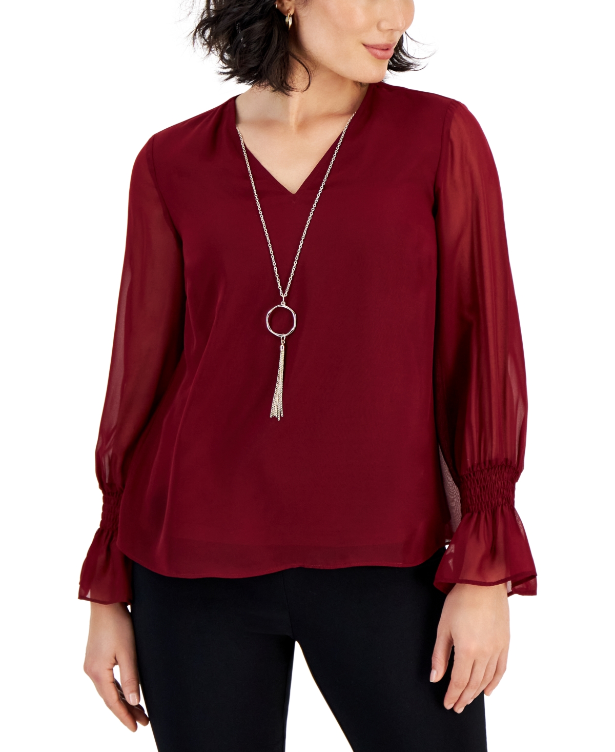 Petite Smocked-Sleeve Necklace Top, Created for Macy's - Dark Rust