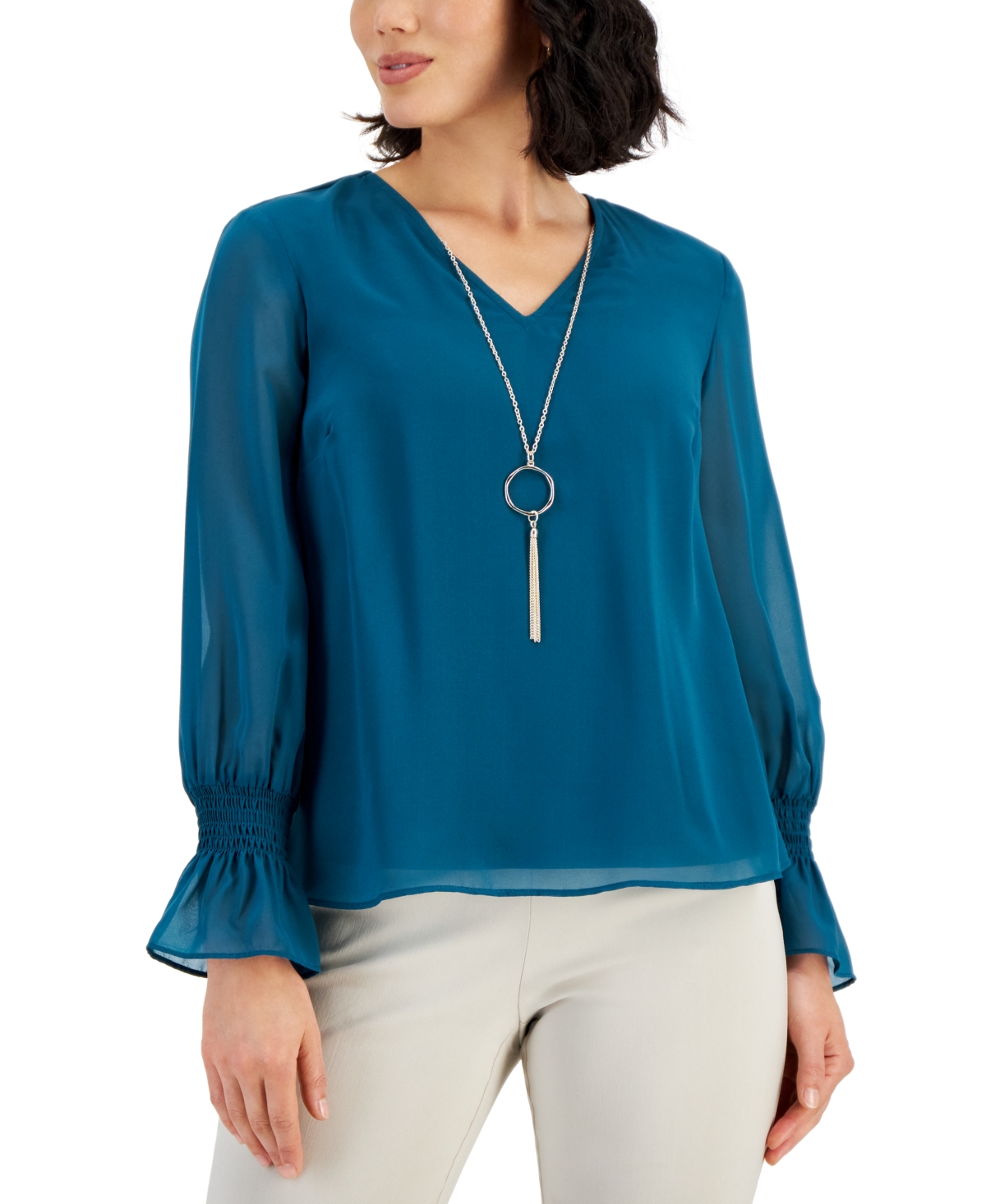JM COLLECTION PETITE SMOCKED-SLEEVE NECKLACE TOP, CREATED FOR MACY'S
