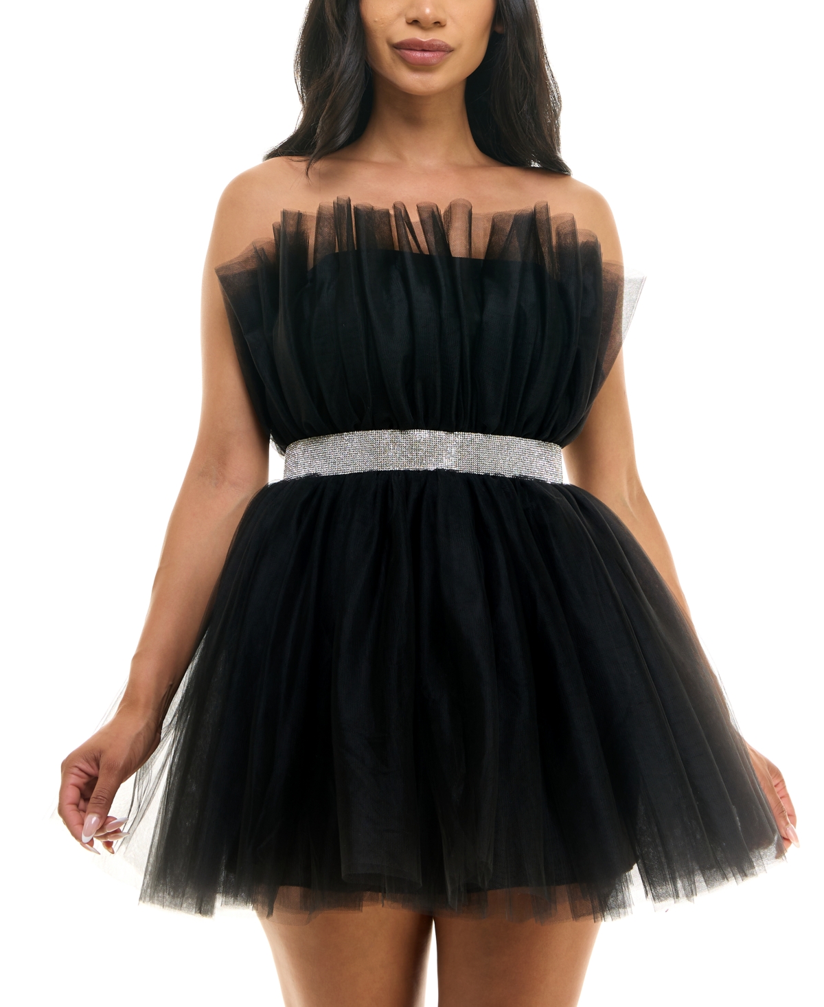 B Darlin Juniors Strapless Embellished Waist Tulle Dress Black