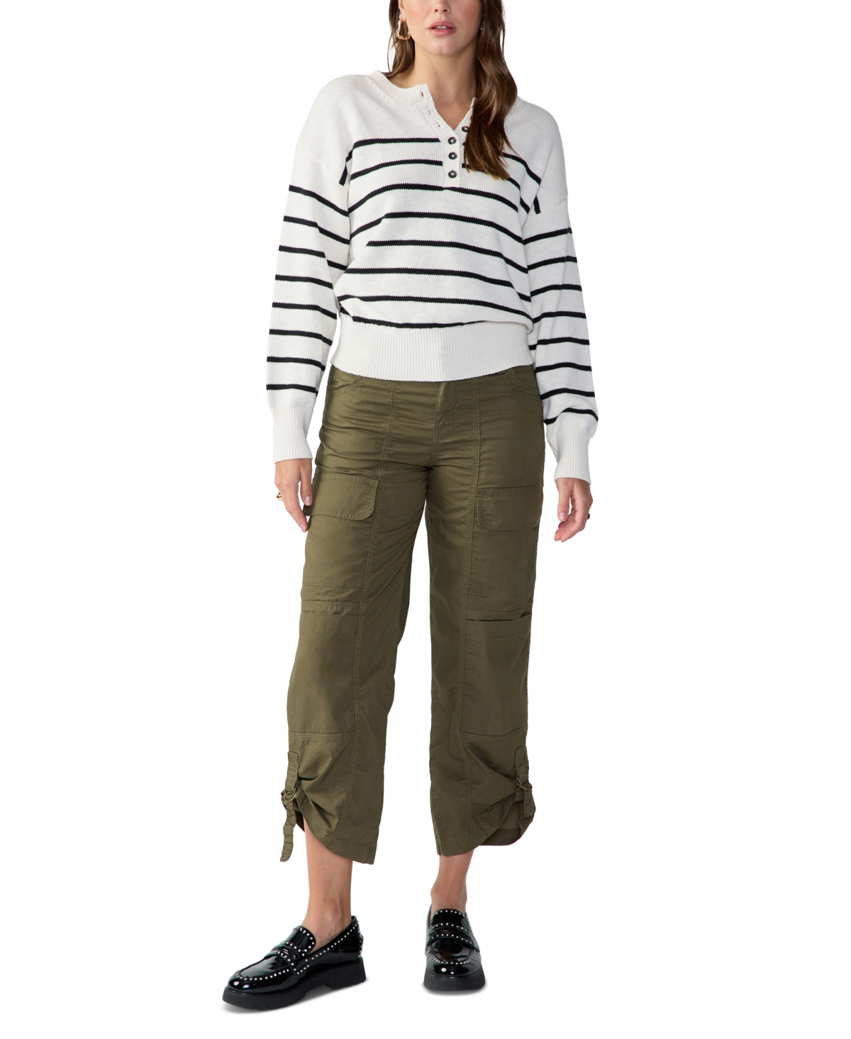 Women's Casual & Chill Striped Cotton Henley Sweater - Black Stripe
