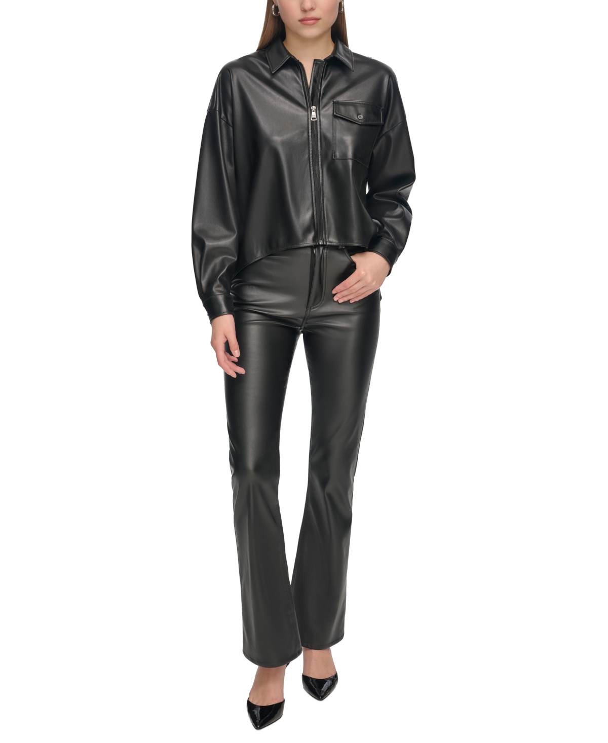 Shop Dkny Jeans Women's Zip-front Faux-leather Long-sleeve Shirt In Black