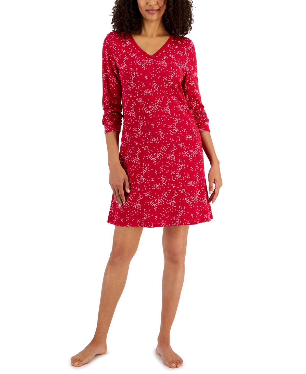 Charter Club Women's Cotton Long-sleeve Lace-trim Sleepshirt, Created For Macy's In Pink Floral