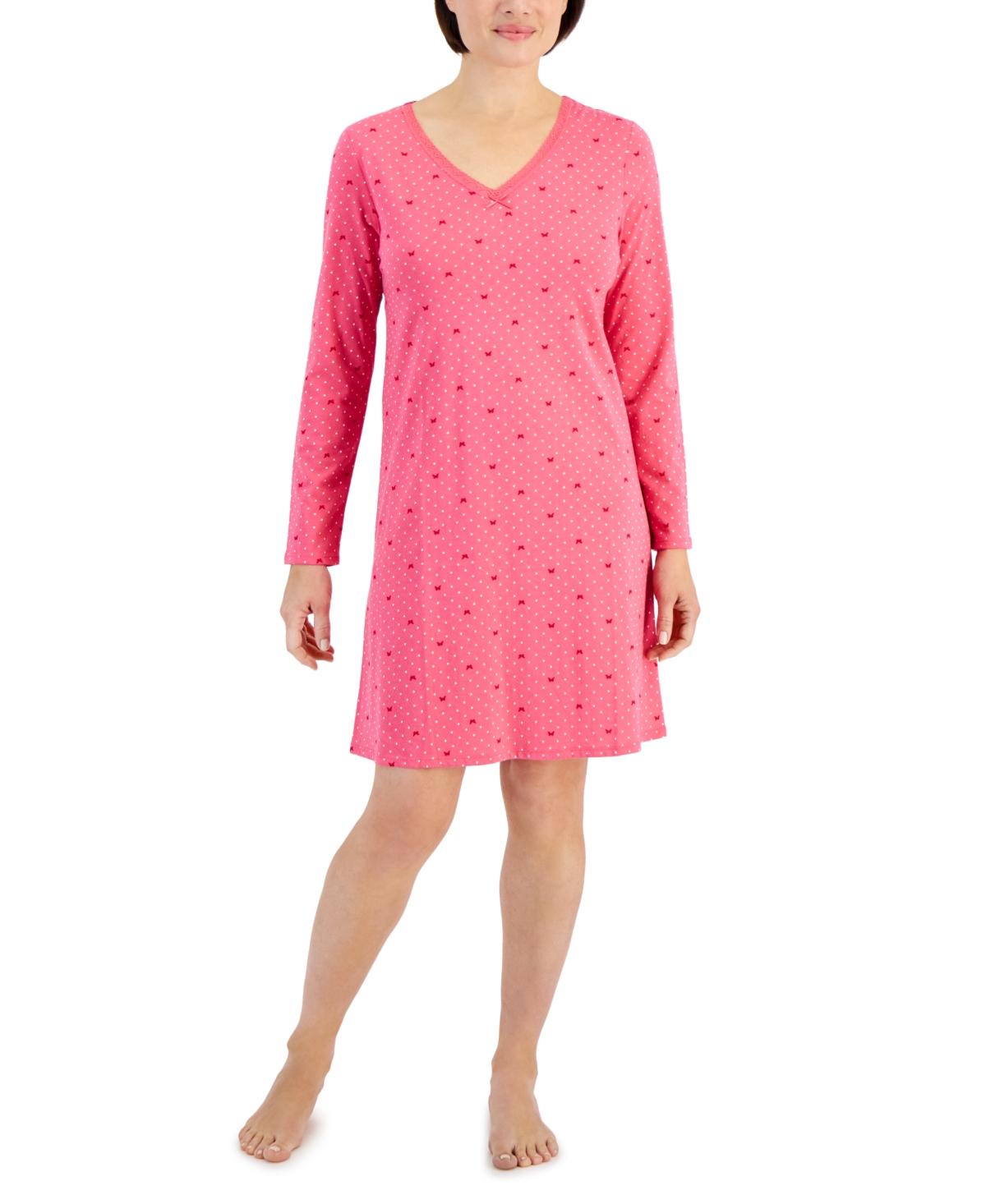 Charter Club Women's Cotton Long-sleeve Lace-trim Sleepshirt, Created For Macy's In Butterfly Dots