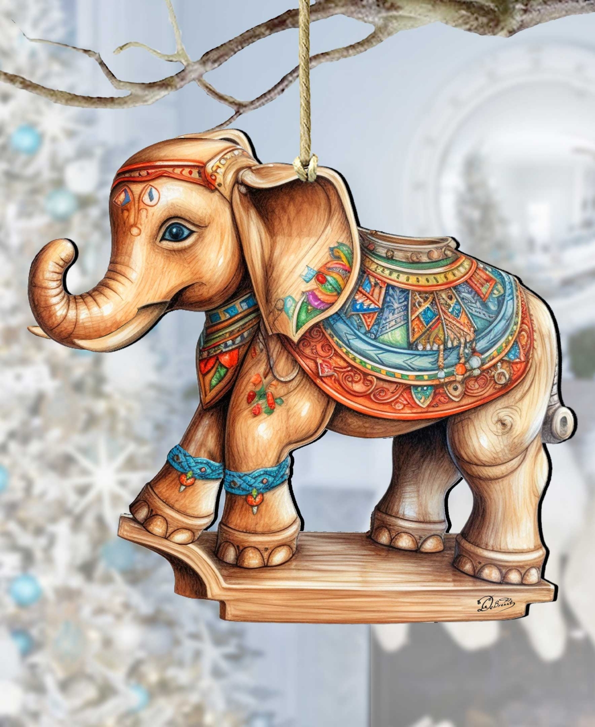 Designocracy Carousel Elephant Christmas Wooden Ornaments Holiday Decor G. Debrekht In Multi Color