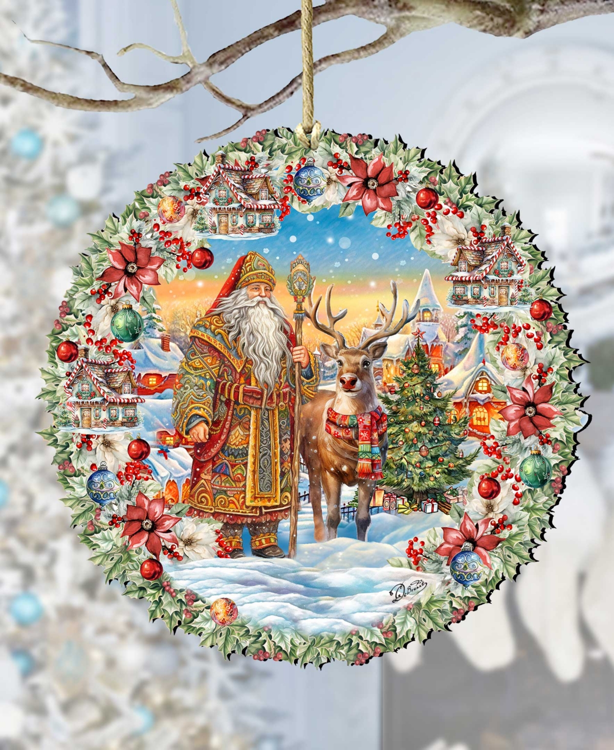 Designocracy Santa's Magical Cottage Wreath Christmas Wooden Ornaments G. Debrekht In Multi Color