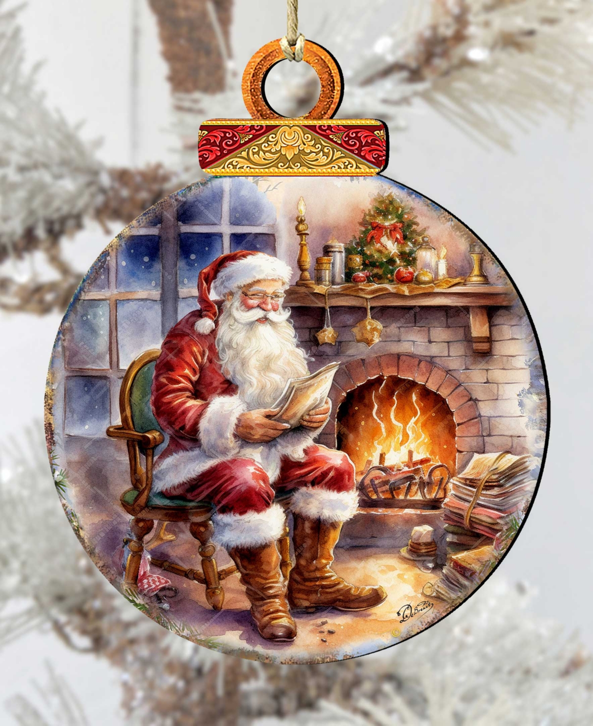 Shop Designocracy Santa At The Fireplace Christmas Wooden Ornaments Holiday Decor G. Debrekht In Multi Color
