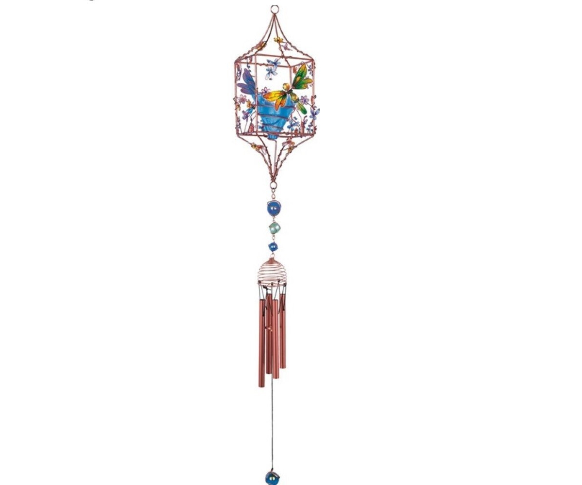 33" Long Dragonfly Copper and Gem Wind Chime with Candle Holder - Multi