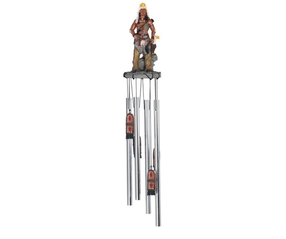 23" Long Indian Warrior Round Top Wind Chime Native American - Silver