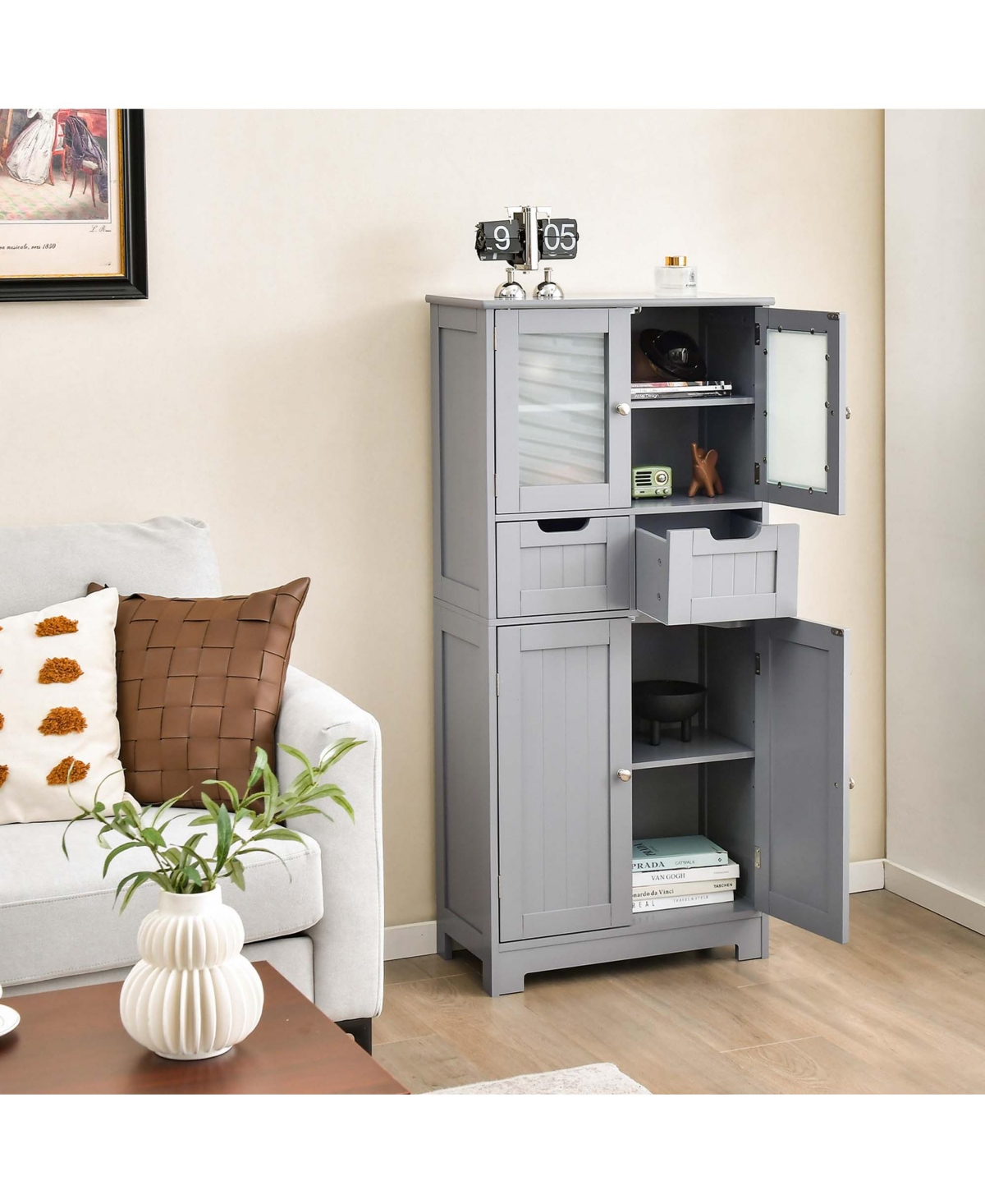 Bathroom Floor Storage Cabinet Kitchen Cupboard with 2 Drawers & Glass Doors