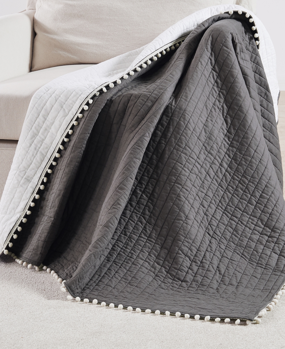 Levtex Pom Pom Reversible Quilted Throw, 50" X 60" In Slate