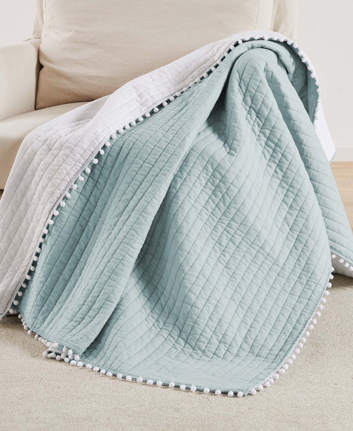 Levtex Pom Pom Reversible Quilted Throw, 50" X 60" In Blue Haze