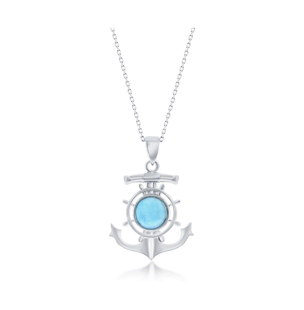 Sterling Silver Round Larimar Anchor Ship Wheel Necklace - Blue