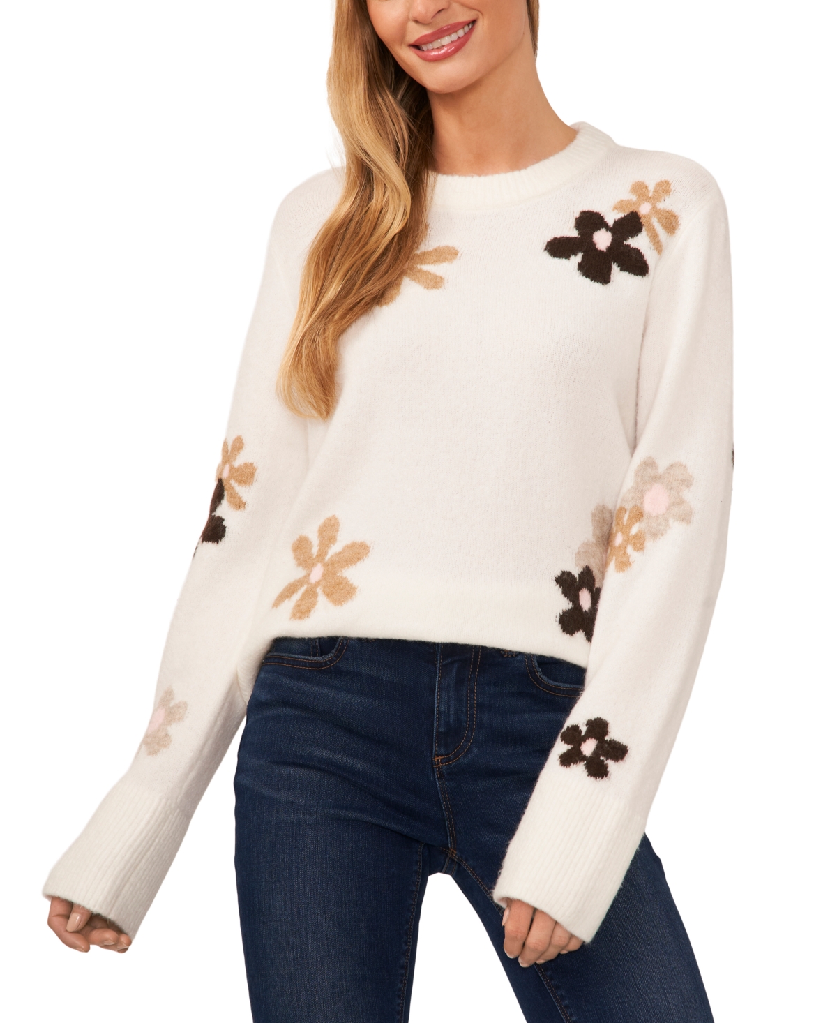 Cece Floral Crewneck Sweater In Antique White