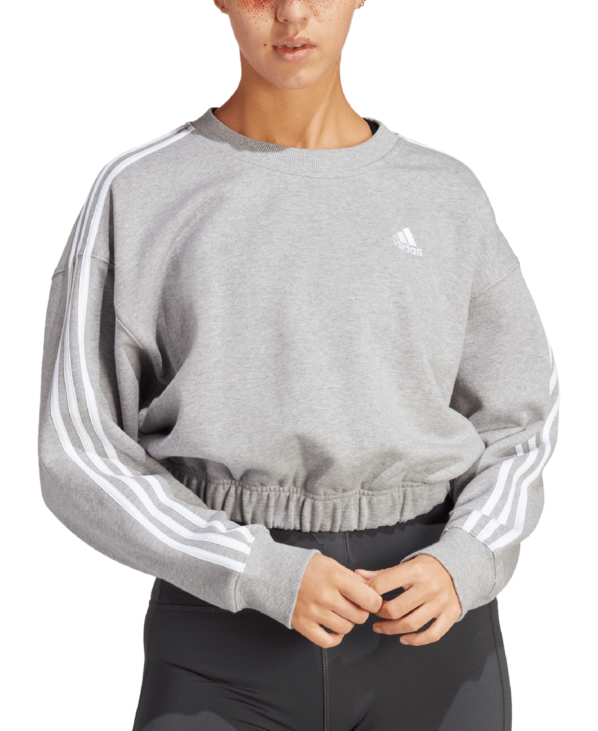 Women's Three-Stripe Cropped Crewneck Sweatshirt - Medium Grey Heather/white