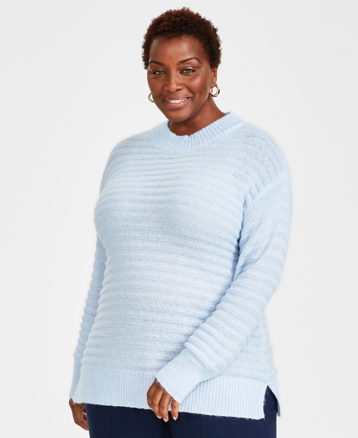 Style & Co Plus Size Striped Tunic Sweater, Created For Macy's In Frozen Blue