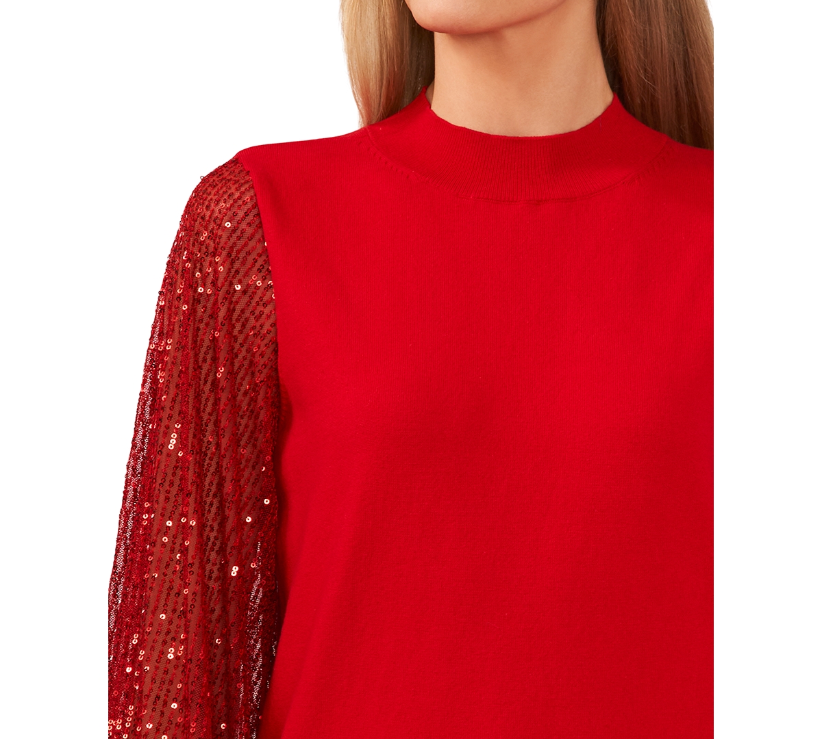 CeCe Women's Sheer-Sequin-Sleeve Mock-Neck Cotton Sweater