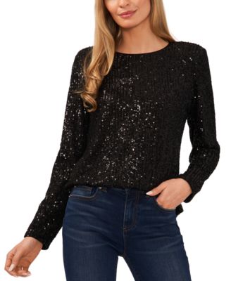 CeCe - Women's Long-Sleeve Crew Neck Sequin Blouse