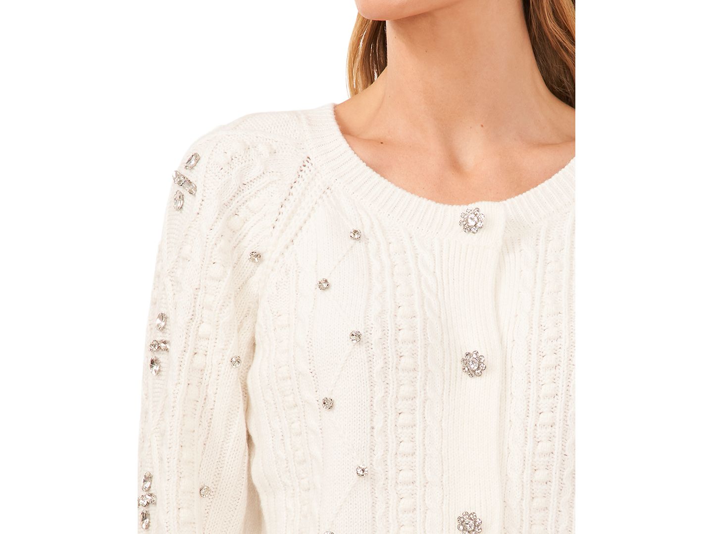Женский кардиган CeCe Cable-Knit Rhinestone, цвет: Состаренный белый — фото 3