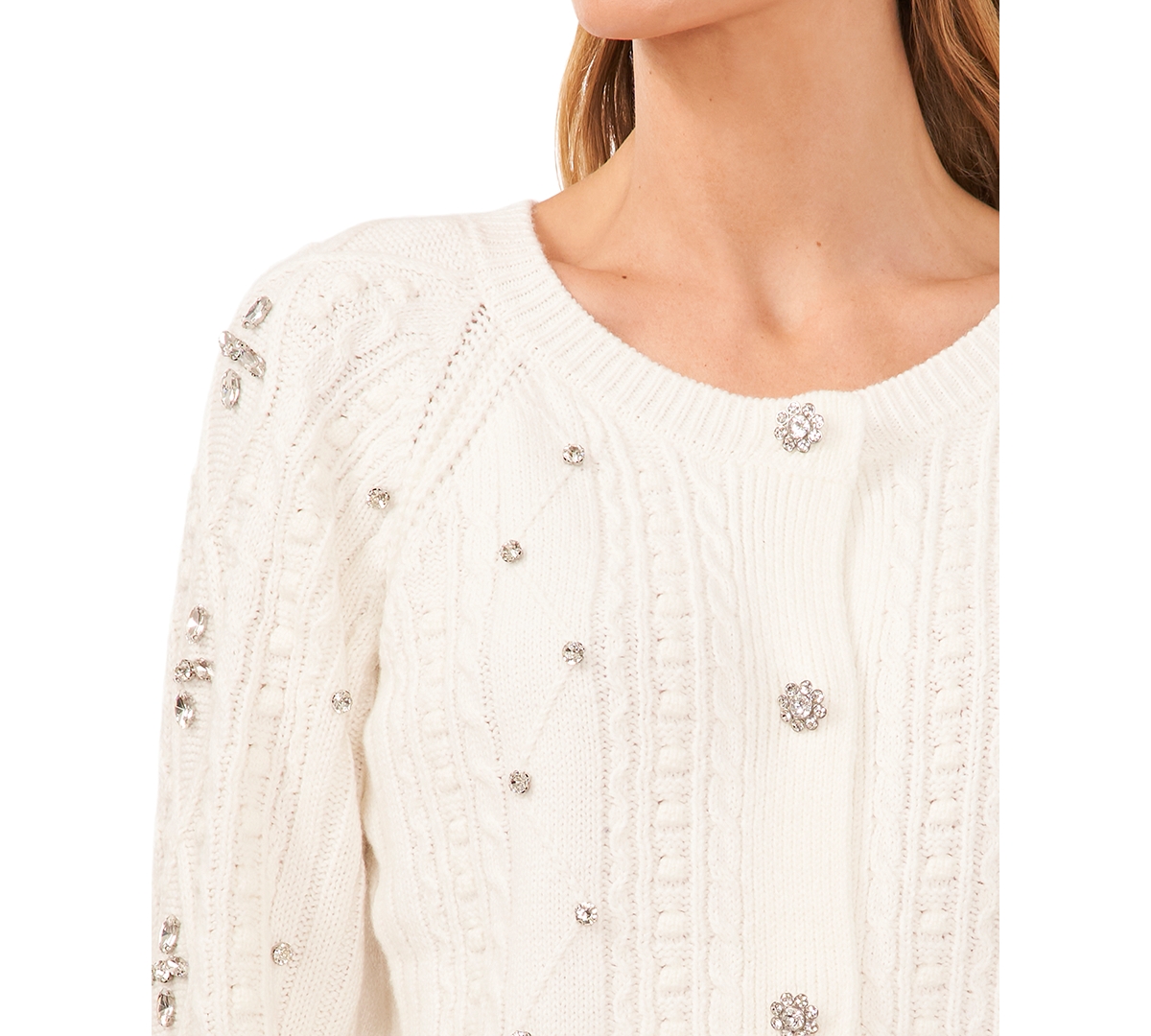 Cece Womens Embellished Cable Knit Cardigan Sweater In Antique White