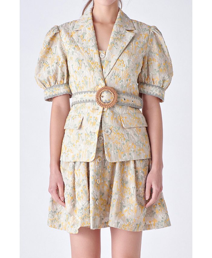 English Factory Women's Embroidered Linen Belted Short Sleeve Jacket