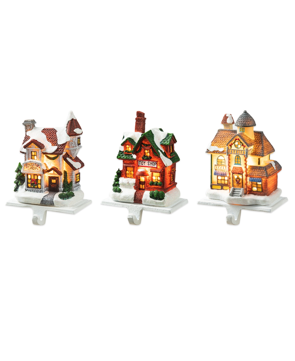 6" H Set of 3 Lighted Resin House Stocking Holder - Multi