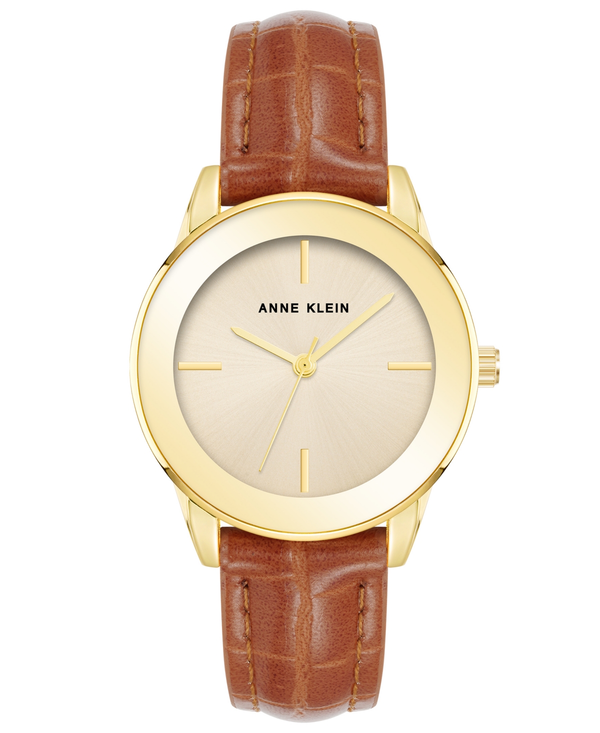 Anne Klein Women's Three Hand Quartz Round Brown Polyurethane Faux Leather Band Watch, 33mm In Brown-gold-tone