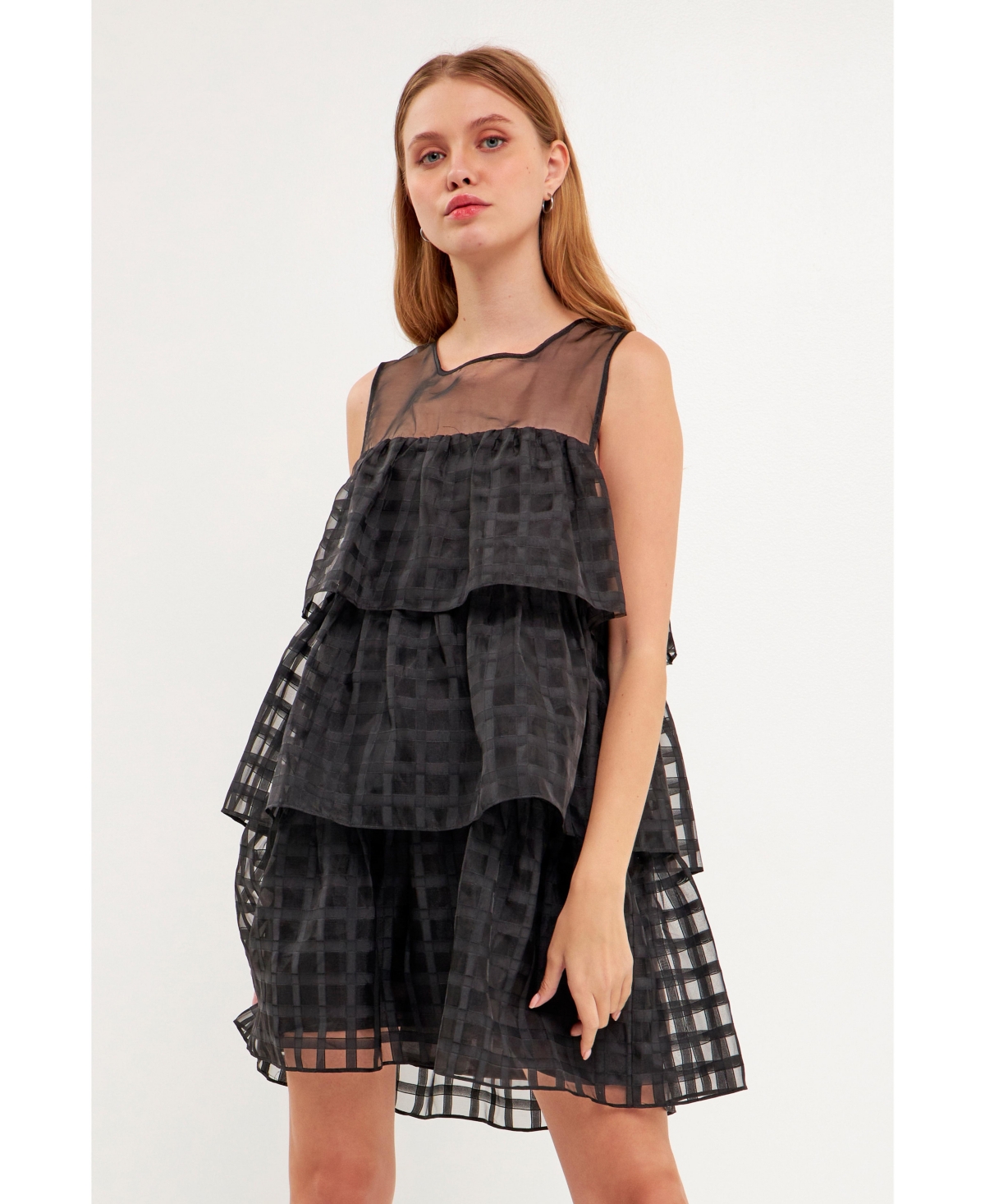English Factory Women's Organza Gridded Tiered Sleeveless Mini Dress