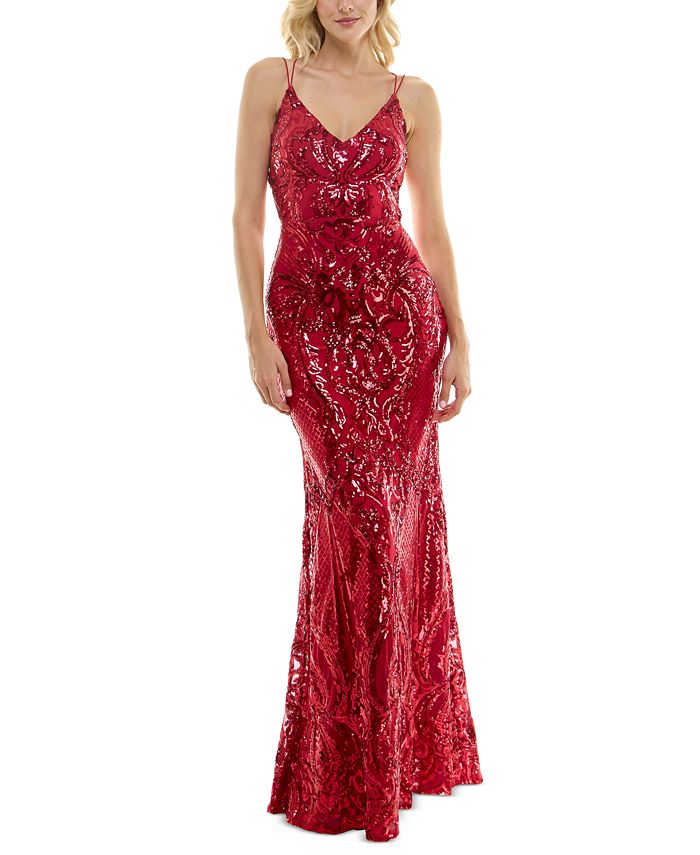 B DARLIN Womens Sequined Fitted Strappy Back Lined Sleeveless Halter Maxi Prom Gown Dress