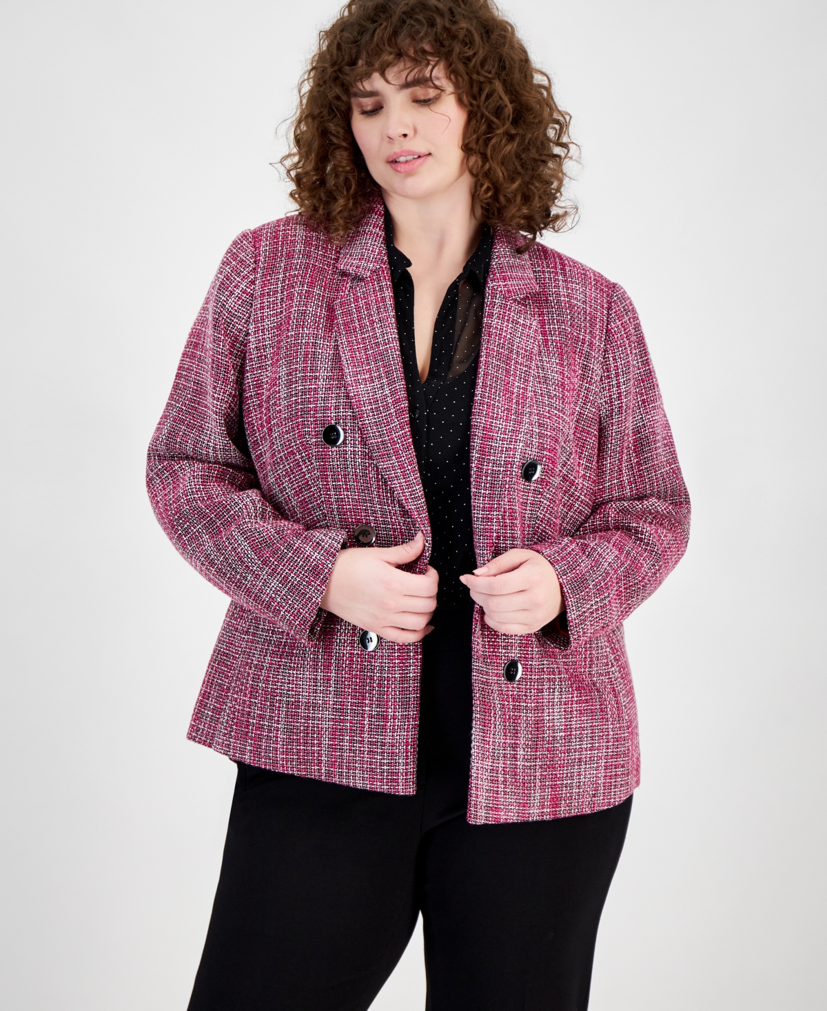 Plus Size Tweed Faux Double-Breasted Blazer, Created for Macy's - Jazz Berry Multi