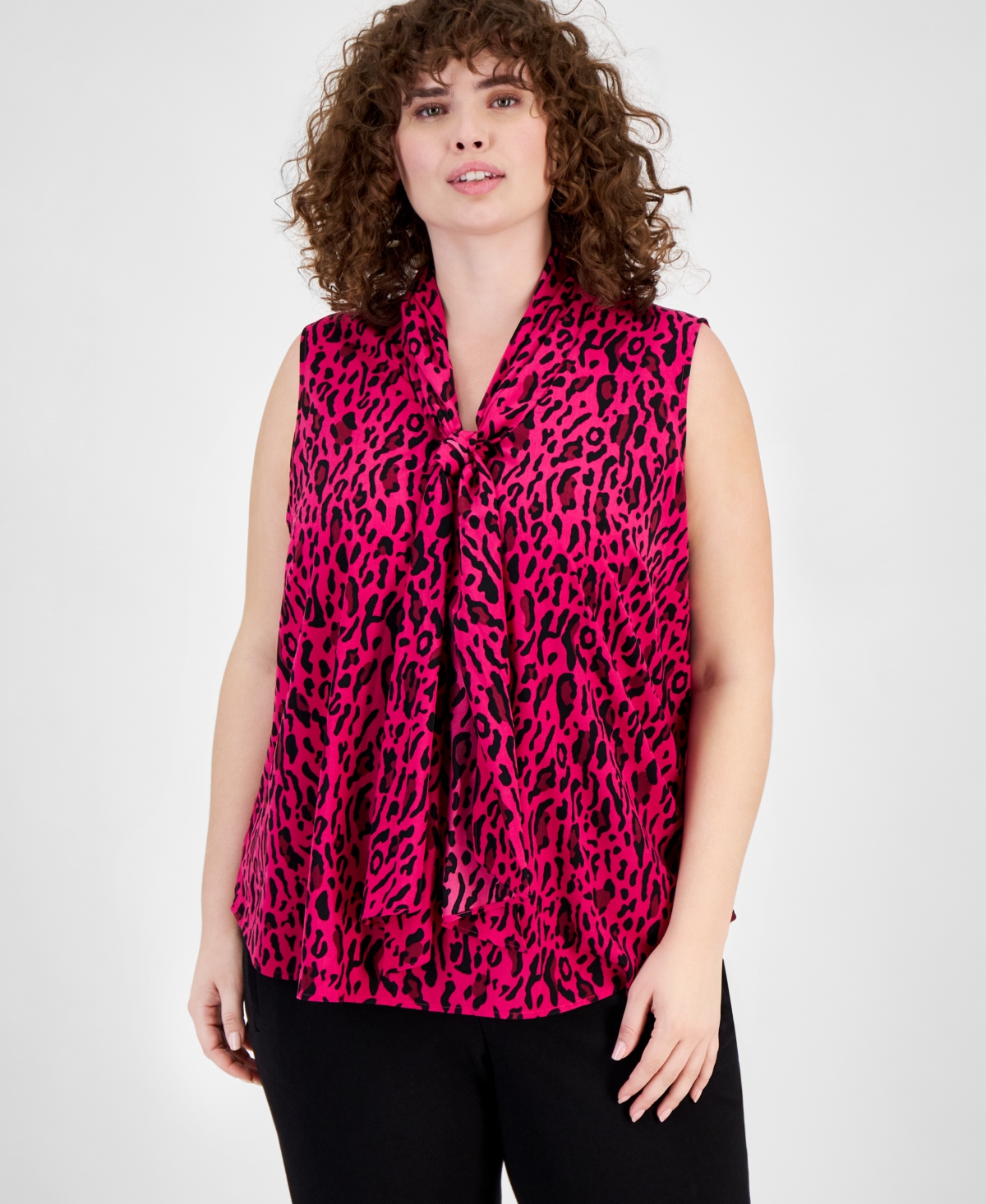 Bar Iii Plus Size Animal-print Tie-neck Sleeveless Top, Created For Macy's In Jazz Berry Multi