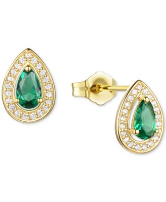 Macy's - Lab-Grown Emerald (1/3 ct. t.w.) & Lab-Grown White Sapphire (1/6 ct. t.w.) Pear Halo Stud Earrings in 14k Gold-Plated Sterling Silver (Also in Tanzanite)