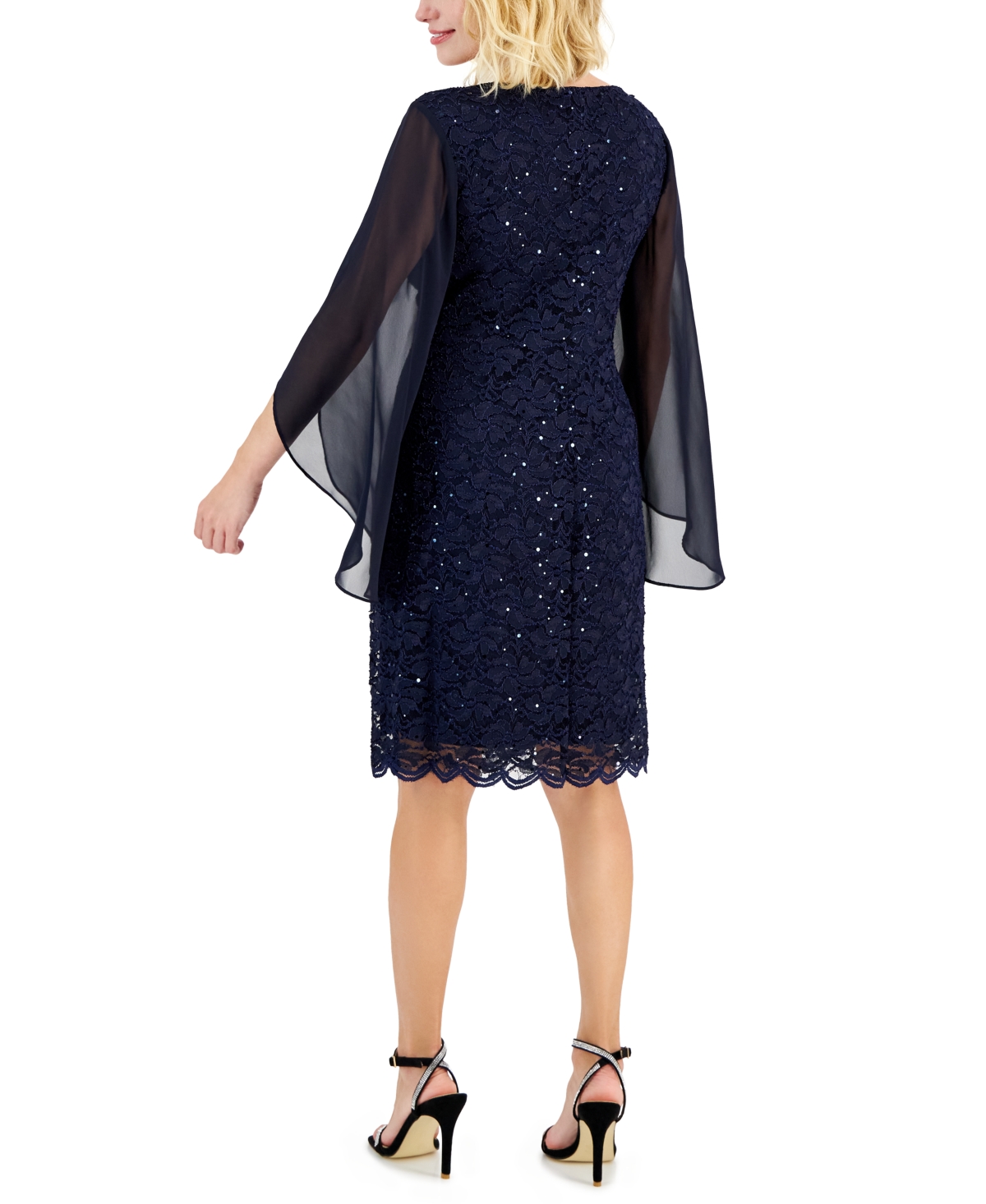 Shop Connected Petite Round-neck Long-cape-sleeve Lace Dress In Black