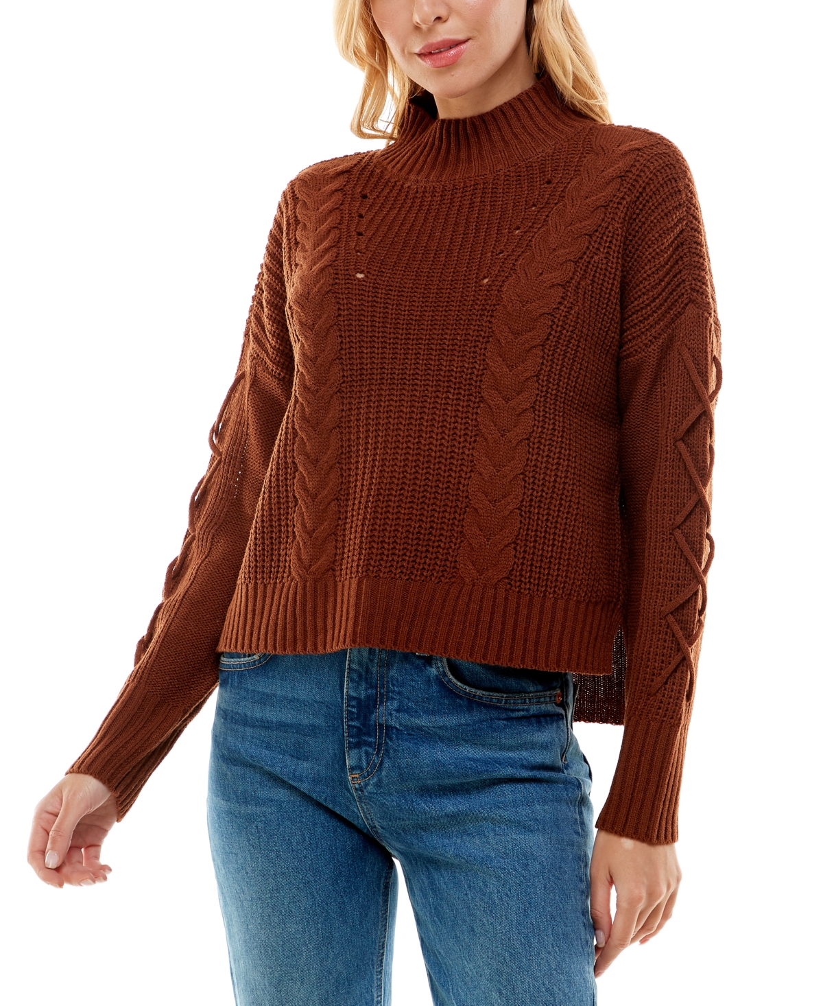 Juniors' Mock-Neck Lace-Up-Sleeve Sweater - Tortoise Shell
