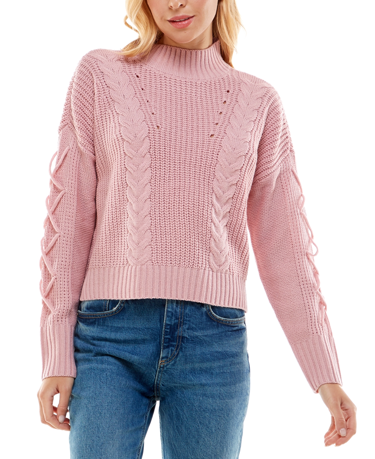 Ultra Flirt Juniors' Mock-neck Lace-up-sleeve Sweater In Pink