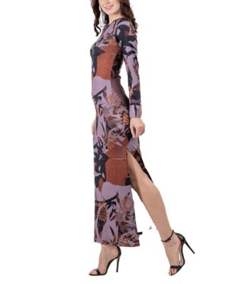 Women's Floral Print Long Sleeve Side Slit Maxi Dress