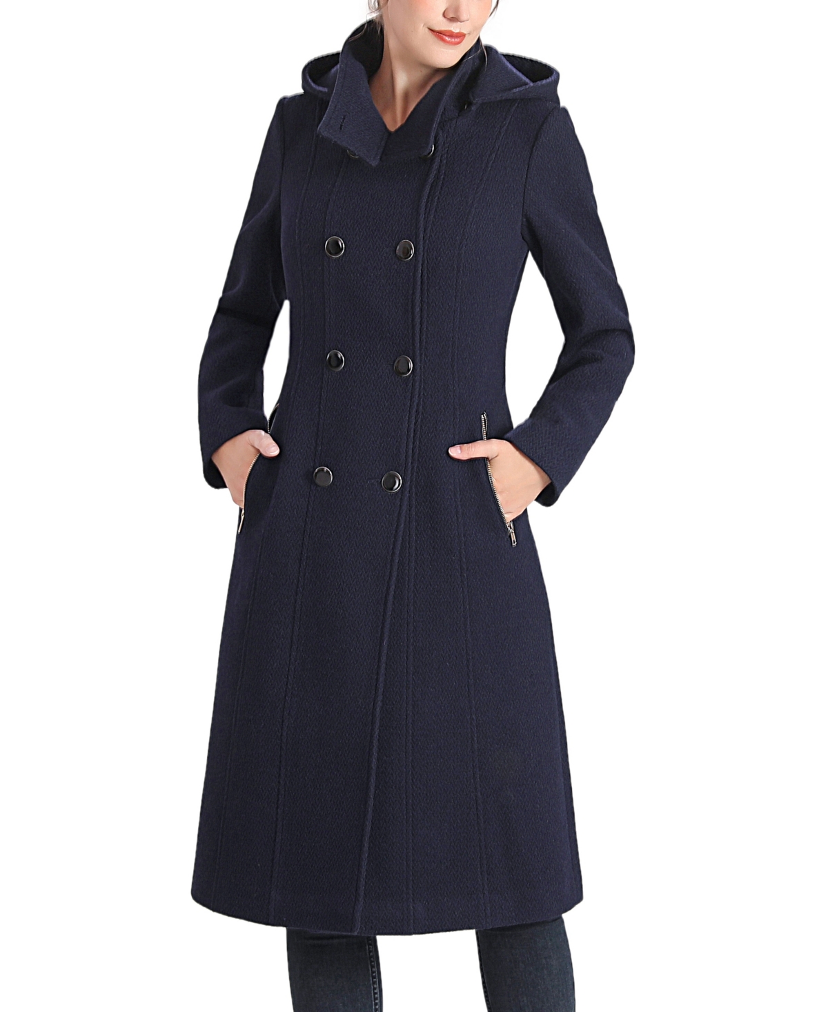 Kimi & Kai Women's Mary Hooded Stand Collar Boucle Wool Coat In Navy