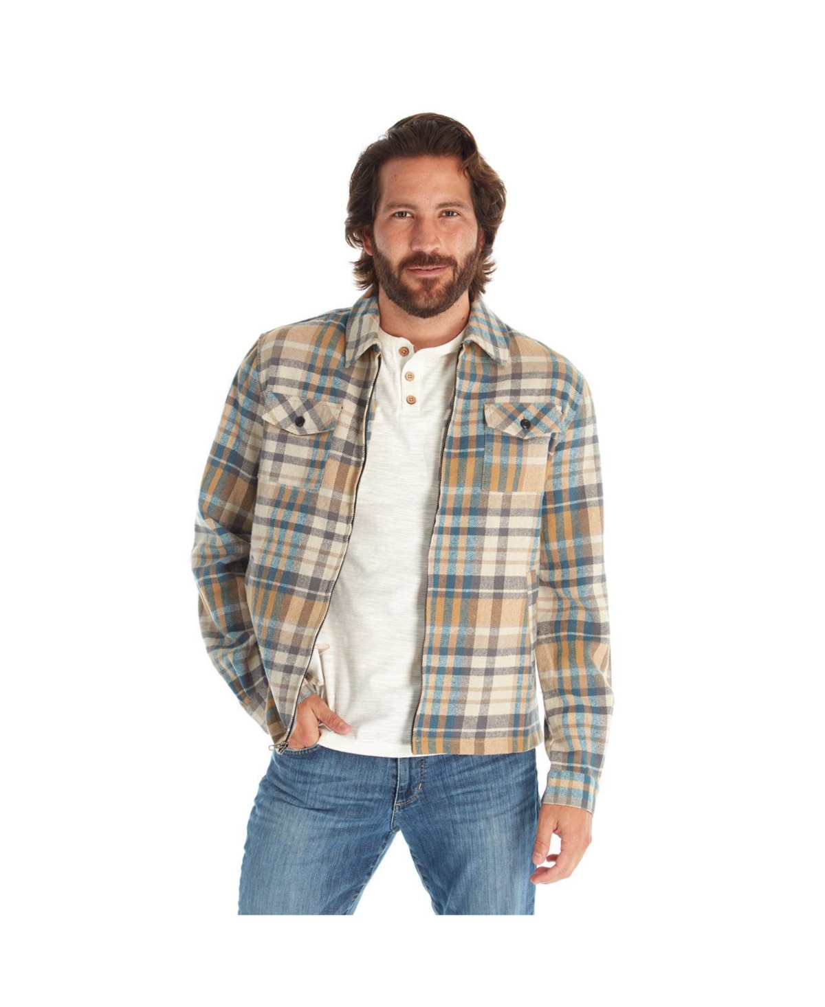 Clothing Men's Long Sleeve Plaid Zip Up Shirt Jacket - Cream
