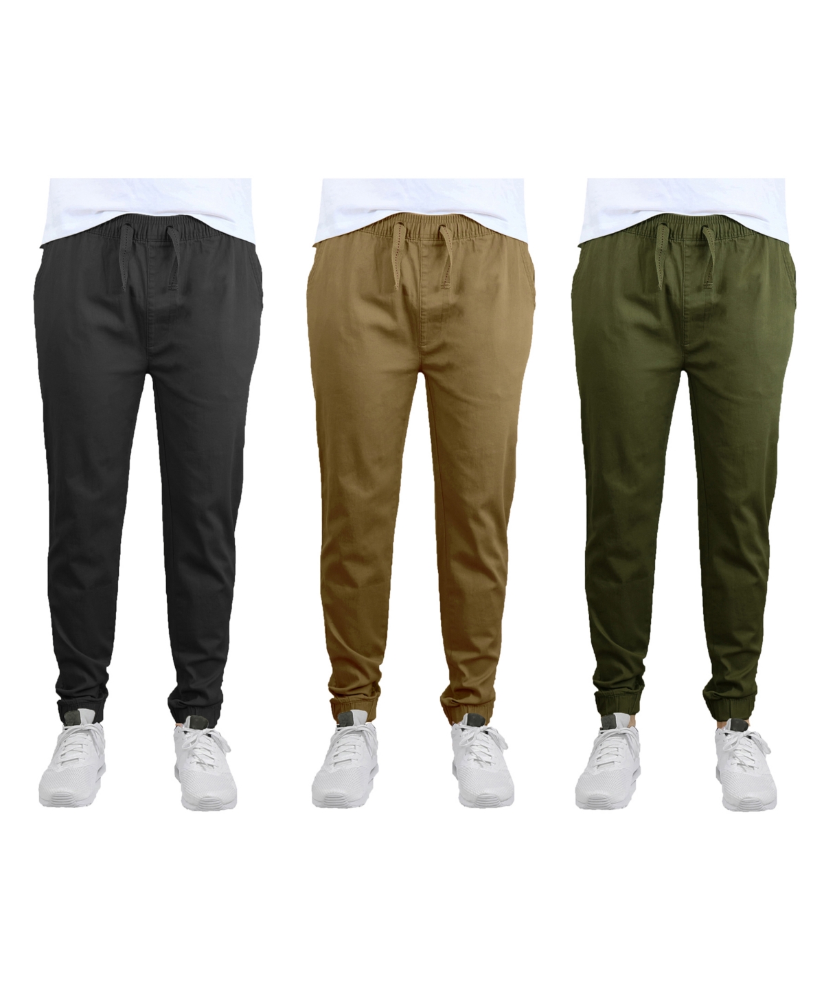 Galaxy By Harvic Men's Slim Fit Basic Stretch Twill Joggers, Pack Of 3 In Black,timber And Olive