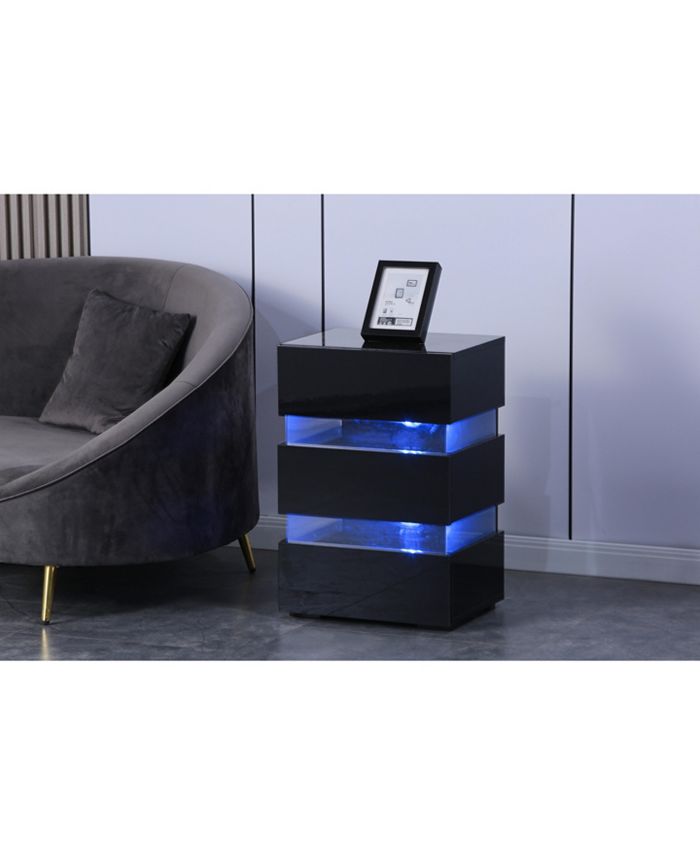 Simplie Fun High Gloss LED Side Table, Modern Nightstands with 3 Drawer