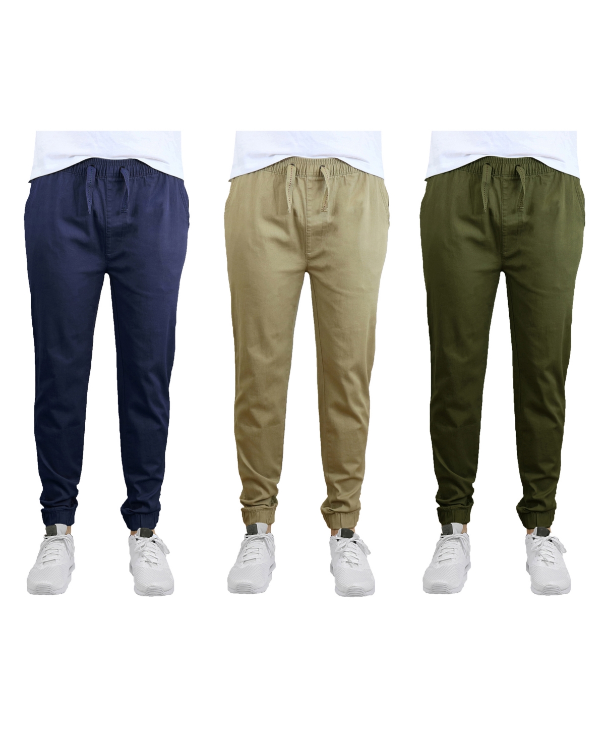 Men's Slim Fit Basic Stretch Twill Joggers, Pack of 3 - Black, Khaki and Navy