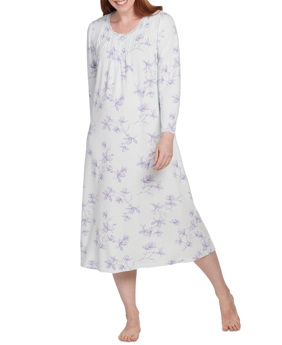 Miss Elaine Women's Floral Lace-trim Nightgown In Mint,blue Floral Stems
