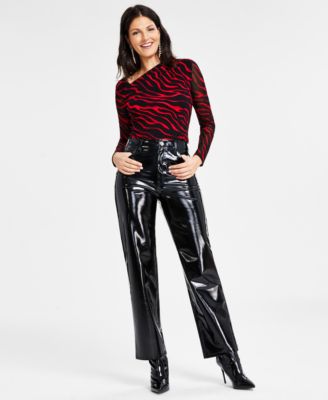 Womens Zebra Print Asymmetric Mesh Sleeve Top Patent High Rise Straight Leg Pants Created For Macys