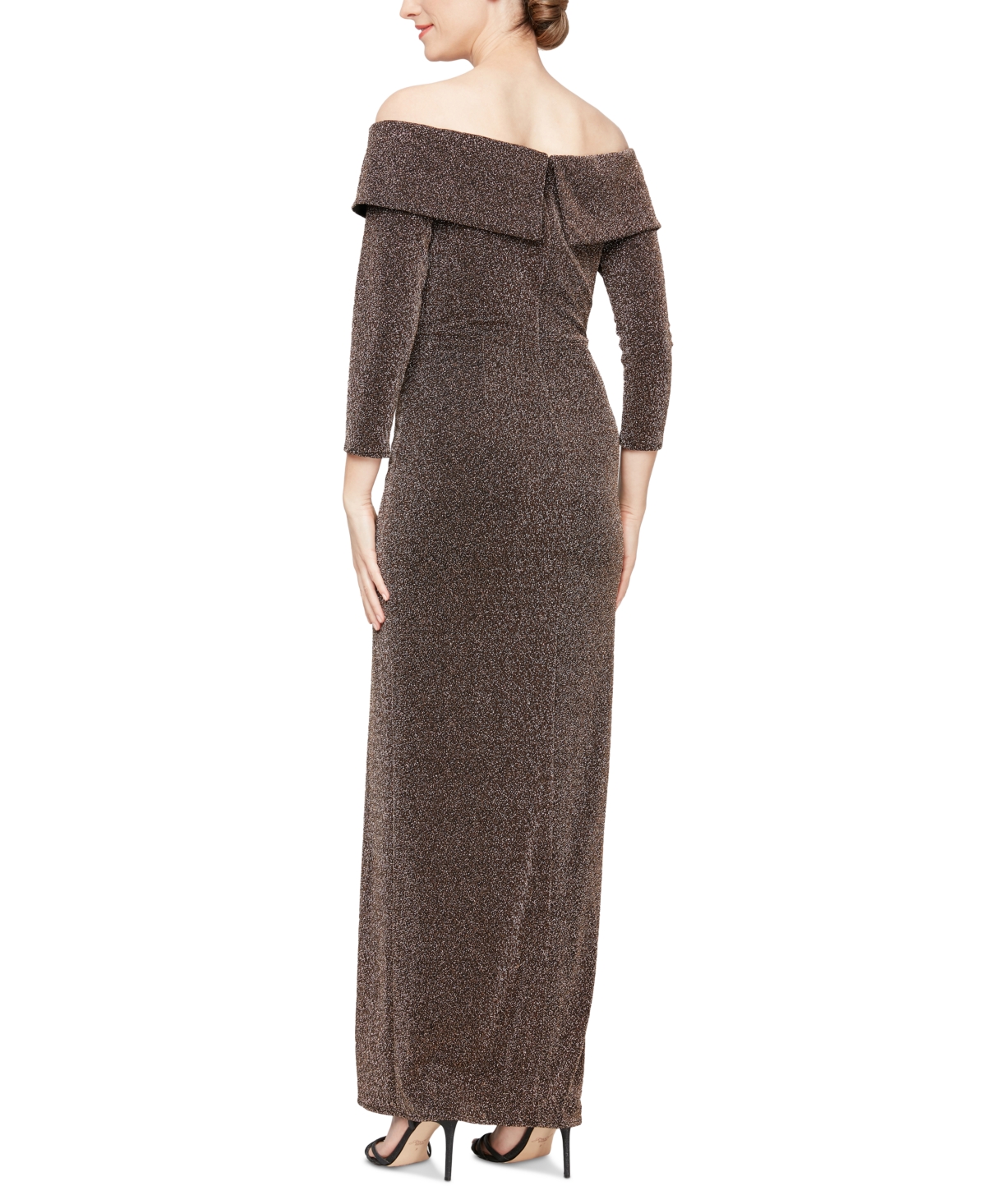 Shop Alex Evenings Women's Metallic- Knit Off-the-shoulder Dress In Black,copper