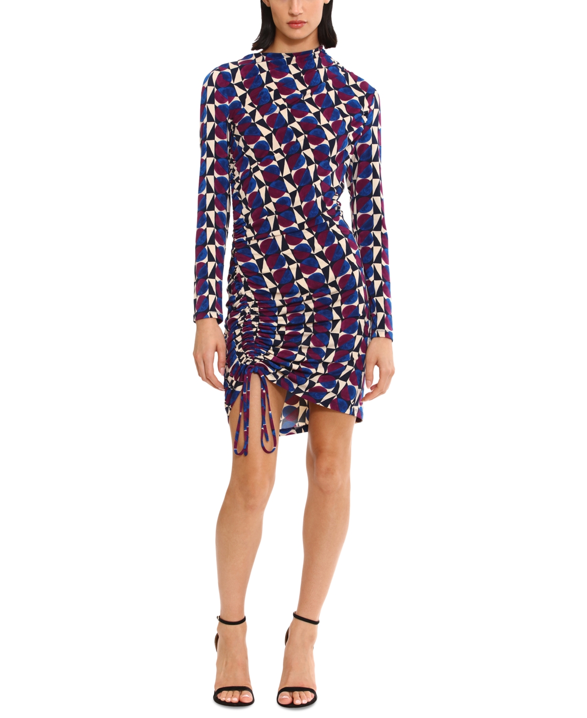 Shop Donna Morgan Women's Side-ruched Printed Jersey Dress In Cream,true Blue