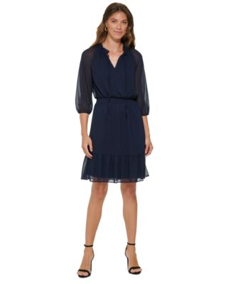 DKNY - Women's Ruffled Tie-Neck Smocked-Waist Dress