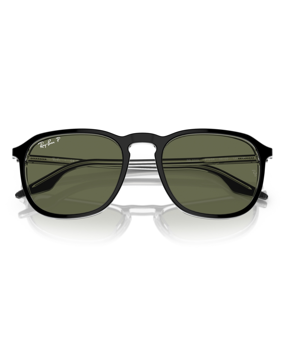 Ray Ban Rb2203 Sunglasses Black On Transparent Frame Green Lenses Polarized 55-20 In Black On Transparent