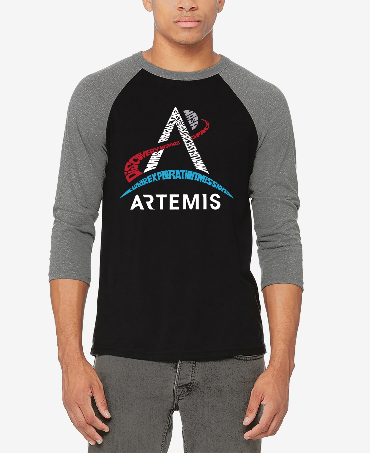 La Pop Art Men's Nasa Artemis Logo Raglan Baseball Word Art T-shirt - Black