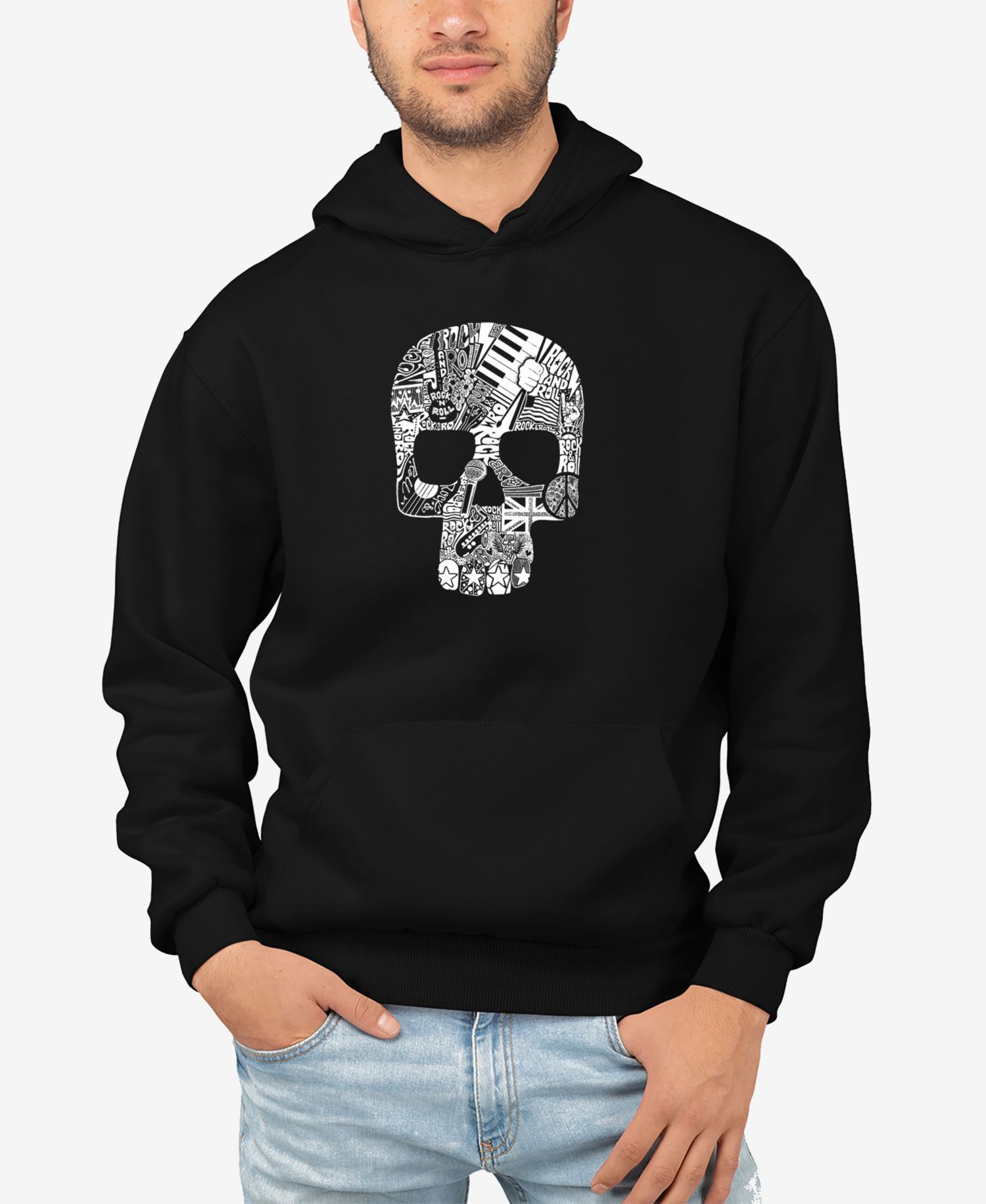 Men's Rock N Roll Skull Word Art Hooded Sweatshirt